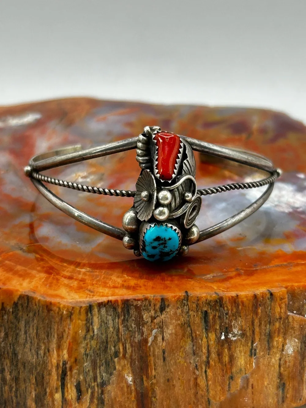 Southwest Sterling Silver Bangle with Turquoise and Coral Stones